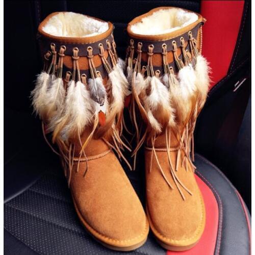 Winter new handmade leather woman feather tassel knee high snow boots flat heel feather tassel winter brown woman snow boots