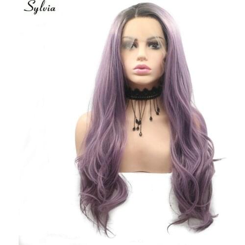 Sylvia Synthetic Lace Frontal Wigs Dark Purple Ombre Roots Wavy Hair For Women Long Milky Lavender Color High Temperature Fiber