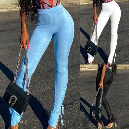 Women Casual Solid Pants Side Slit Bandage Bodycon Skinny Long Trouser High Waist Fashion Fall 2021 Clothing Clubwear