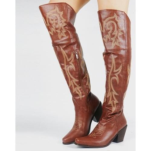 SARAIRIS Fashion Over The Knee Modern Western Boots Greaqt Quality Square Heel slip-on Big Size 43 Women Shoes