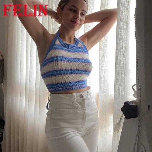 FELIN Za 2021 Summer Fashion Women Sexy Tanks Knitted Cotton Striped Cropped Tops Mujer Sleeveless Chic Women Blouses