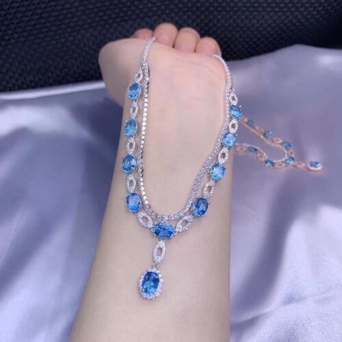 Natural blue topaz necklace Pendant S925 silver natural gemstone necklace Luxurious big water drop woman party gift fine jewelry