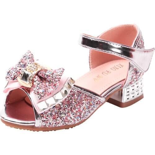 2020 New Fashion Children Bowtie Sequins Rhinestone Sandals Princess Girls Kids Patent Leather Soft Bottom Shoes 3-12 Years