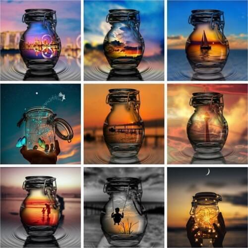Huacan Diamond Painting Bottle Landscape Cross Stitch Full Drill Diamond Mosaic Sunset Decoration Painting With Diamonds