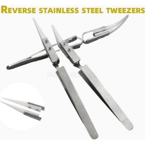 Anti-static Reverse Ceramic Tweezers Stainless Steel Electronic Cigarette Heat Resistant Conductive Curved Straight