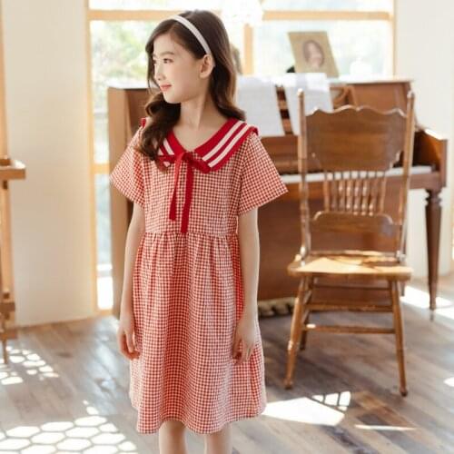 Childrens summer dress 2021 new girls dress 100% cotton childrens clothing baby party dress plaid bow