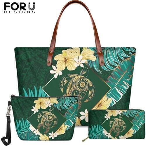 FORUDESIGNS Harajuku Hawaiian Turtle Polynesian Tribal Printing Fashion Lady 3set/pcs Large Handbag For Women Long PU Wallet New