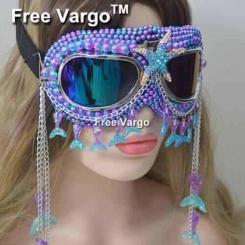 Holographic Pearl Mermaid Rave Streampunk Burning Man Goggle Chain Spike Costume Cyber Goth Goggles Stage Dj Mask For Women