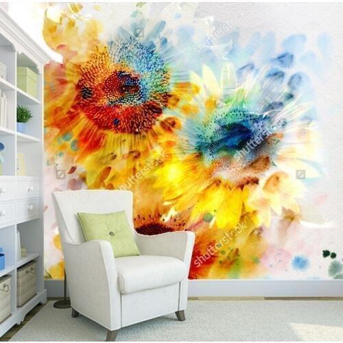 Art wallpaper, Watercolor painting,expressive sunflowers,retro abstraction for living room bedroom dining room wall wallpaper