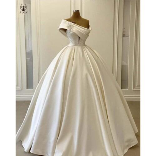 Classic Robe De Mariee One Shoulder Pleated Short Sleeve Ball Gown Puffy Wedding Dresses