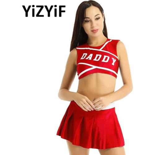 2Pcs Women Adult Sexy Charming Cheerleader Costume Round Neck Sleeveless Printed Crop Top with Mini Pleated Skirt Stage Clothes
