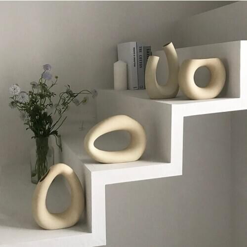 Creative Ceramic Vases Elegant Beige Vase Simple Style Home Decoration Ins For Dried Flowers Creative Shape Modern Nordic