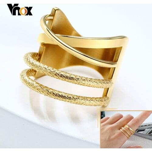 Vnox Layered Women Ring Gold Tone Geometric Chic Lady Wedding Party Band Solid Stainless Steel Metal Minimalist Jewelry