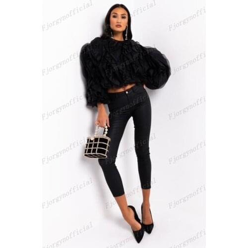 Custom Made Fashion Black Womens Tops Short Puffy Jewel Long Sleeve Four Seasons топ женский Chiffon High Street Crop Top