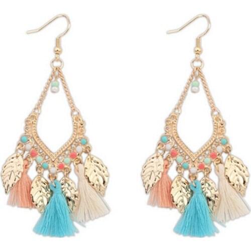 Fashion New Bohemian Leaf Tassel Earrings For Women Boho Gold Beads Leaves Drop Earings Female Jewelry Party Gift Brincos
