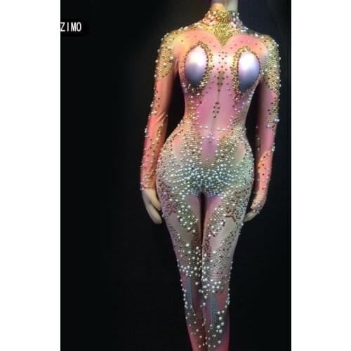 Fashion Women Sexy Full Pear Diamond Jumpsuit Stage Dance Costume Tights Birthday Party Club Bar Dj Singer Performance Romper