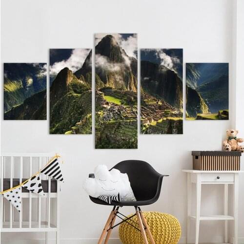 Wall Pictures For Living Room Canvas Art Landscape Painting 5 Panel Machu Picchu Peru Mountains Clouds Hills(No Frame