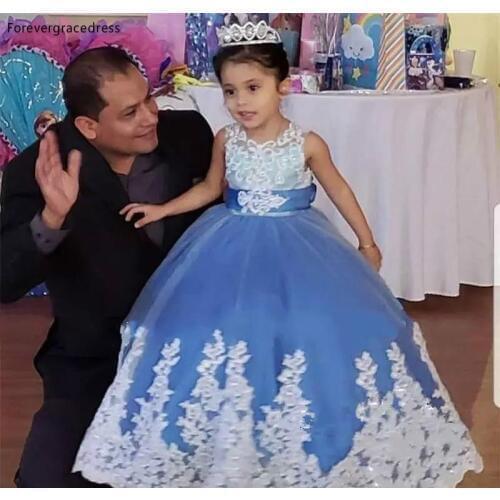 Cheap Lovely Cute Flower Girls Dresses 2019 Vintage Princess Light Sky Blue Daughter Toddler Pretty Kids Children Pageant Gowns