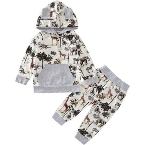 New by 2Pcs Spring Outfits, Trendy Animal Tree Print Long Sleeve Hoodie and Pants Set