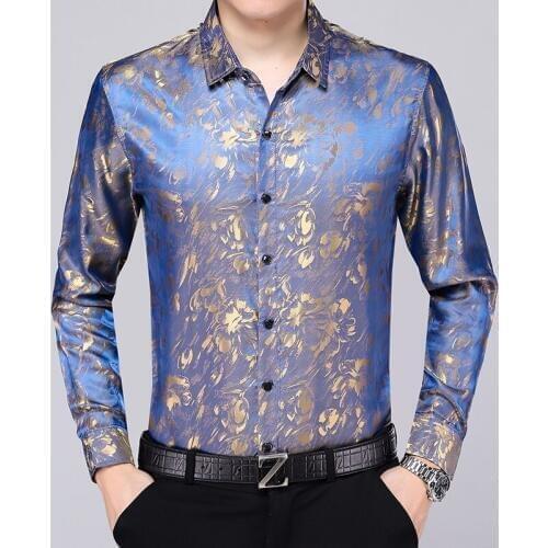 New Arrival Mens Silk Dress Shirt Spring Male Fashion Floral Soft Satin Clothes Long Sleeved
