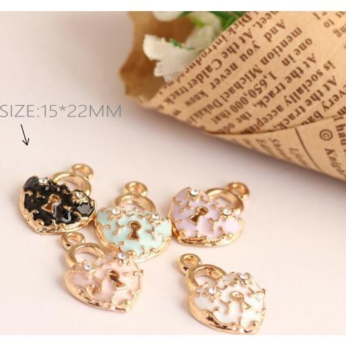 10PC DIY Jewelry Accessories Heart Lock Shape Enamel Charms With Rhinestone Alloy Pendant Bracelet Earring Finding 15*22mm
