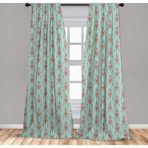 Teal Red Southwestern Window Curtains Vintage Tribal Triangles Peruvian Mexican Traditional Motifs Lightweight Decorative