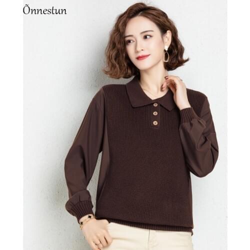 Lapel Sweater Woman New Autumn Winter Causal Knitwear Pullovers Women Clothes Crop Top Jumper Patchwork Sweater For Woman