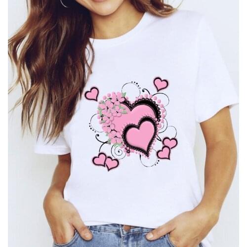 T-shirts Top for Women Love Floral Pink Trend Heart Short Sleeve Clothing Print Lady Graphic T Shirt Ladies Female Tee T-Shirt