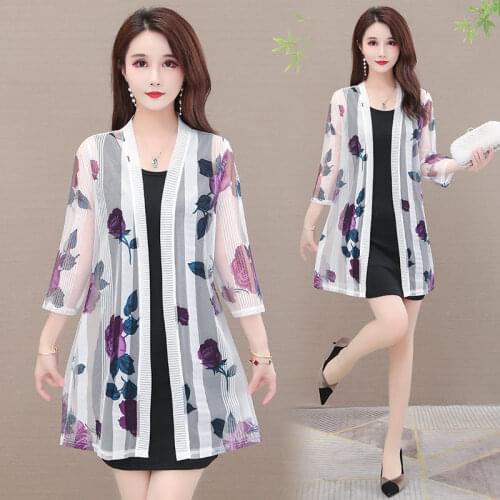 2021 New Spring Summer Women Mesh Blouse Sun Protection Cardigan Jacket Plus Size Print Coat Long Sleeve Casual Shawl Top Y975