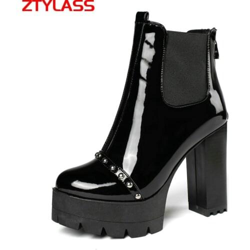 2021 Platform Women Boots Square High Heel Ankle Boots Patent Leather Shoes Autumn Winter Zipper Boots Black Big Size 41 42 43