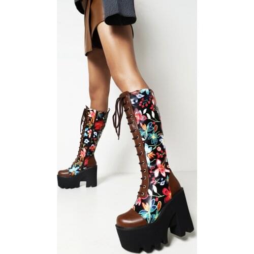 Square Head Flower Texture Cross Strap Punk Style Womens Thick-Soled Knee-Length Boots Super High Platform Heel Platform Boots