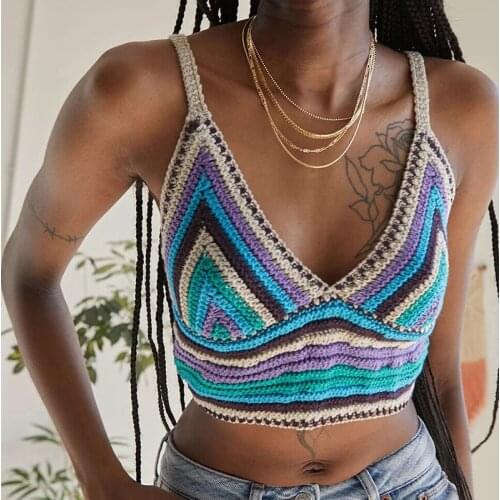 Boho Color Y2k Crochet Crop Tops Women Sexy V Neck Sleeveless Knitted Corset Top Femme Summer 2021 Cropped Knit Vest Top Camis