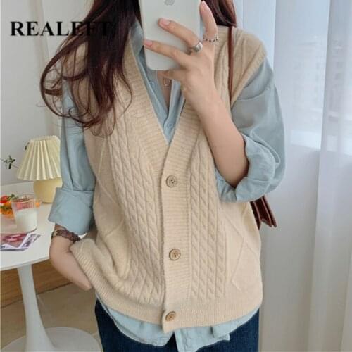 REALEFT New 2021 Autumn Winter Womens Sweaters Vest Casual Loose Knitting Tank Cardigan Female Solid Knitwear V-Neck Tops