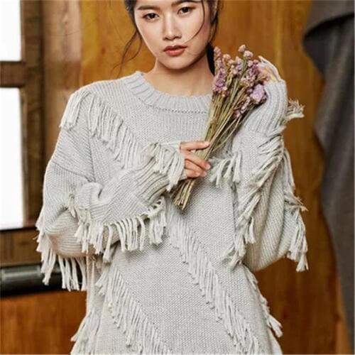 100% hand made pure wool Oneck knit women fashion tassel solid loose pullover sweater white 4color customized