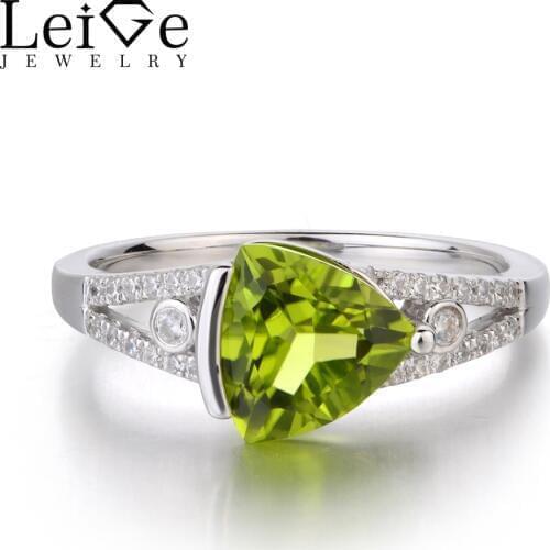 Leige Jewelry Solid 925 Sterling Silver Green Peridot Anniversary Rings Trillion Cut Fine Gemstone August Birthstone Ring Gifts