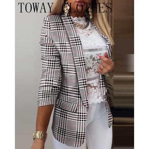 Checker Print Half Sleeve Suit Coat Women Coat Ombre Colorblock Office Lady Clothes