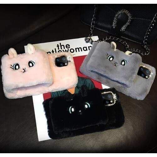 2020 winter luxury Plush Beaded lovely cat phone case for iPhone 12 Mini XR 7 8 11 Pro X XS Max 6 6s Plus coque cover Soft funda