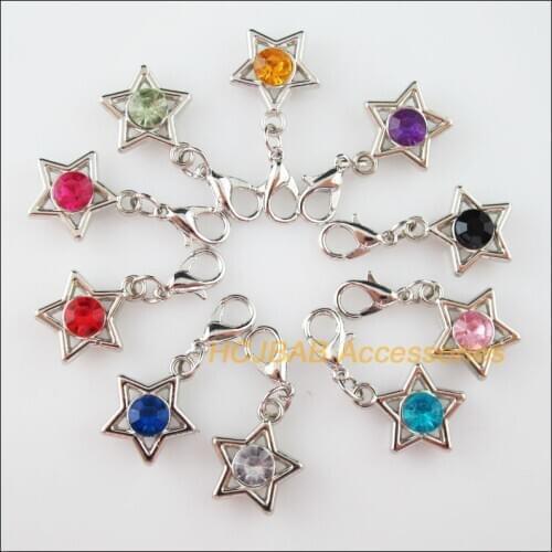 10Pcs Dull Silver Plated Mixed Crystal Star Charms With Lobster Claw Clasps 15x17mm