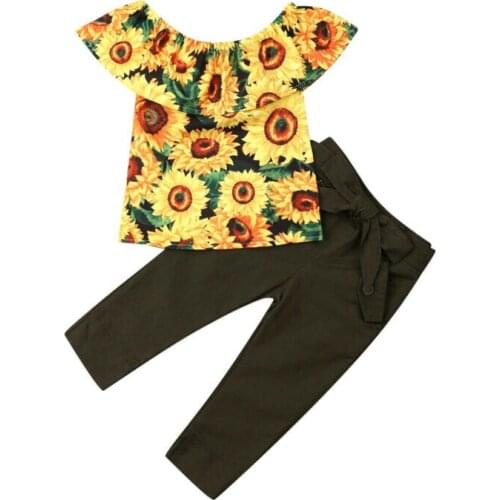 2-7Years Toddler Kid Baby Girls Clothes Set Sunflower Ruffles Off Shoulder Tops +Pants Summer Flower Costumes For Kid Girls