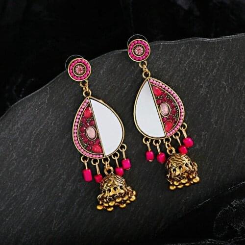 2021 Boho Gypsy Pink Indian Earrings For Women Orecchini Jewelry Retro Blue Flower Alloy Bells Ladies Earrings
