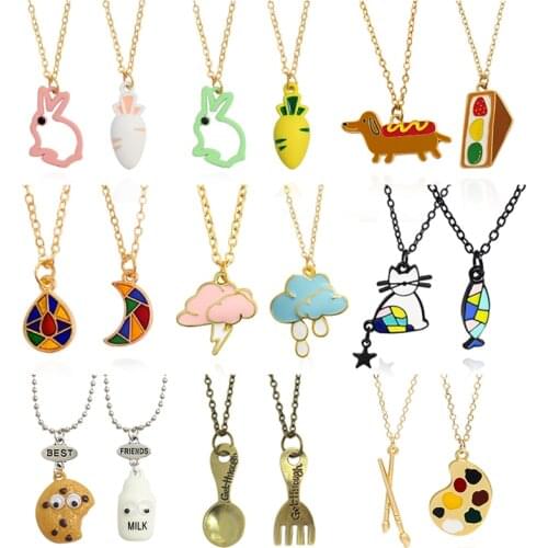 9 Styles Best Friends Necklace Cat Fish Rabbit Radish Moon Sun Milk Biscuit Spoon Fork Pendant Necklace Women BFF Couple Jewelry