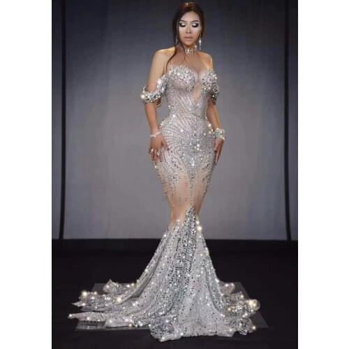 DHL Free Shipping Women New Noble Shining Glass Rhinestones Long Dress Stage Wear Stretch Singer Evening Performance Dance Dress