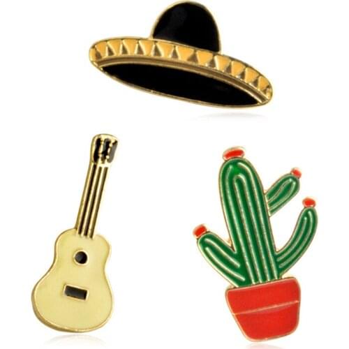 Cactus Cartoon Cute Brooches Black Hat Guitar Yellow Green Lapel Pins Brooch Enamel Plant Denim Jeans Pin Badge Jewelry 3pcs/set