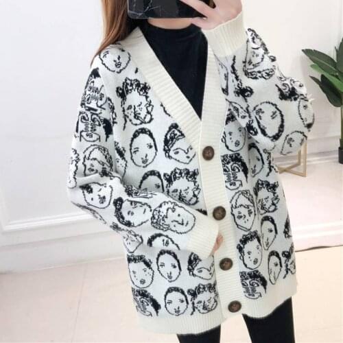 One-Piece Autumn And Winter New Style Cartoon V-Neck Cardigan WomenS Jacket Knit Sweater Sweater Jacket Casual Knitted Jacket