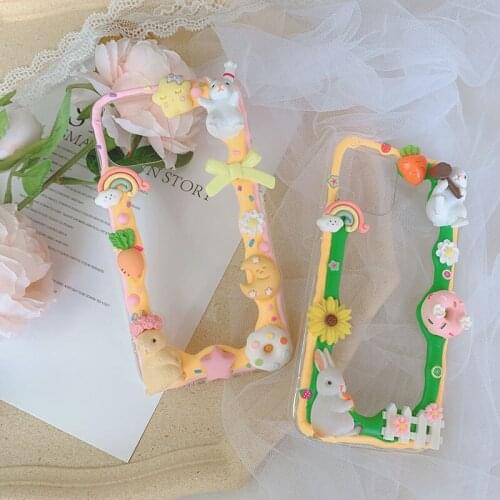 Handmade For Samsung galaxy a52 5G case 3D Cartoon rabbit a51 a71 Kawaii phone shell a72 a82 a90 DIY cream bumper cover note 20