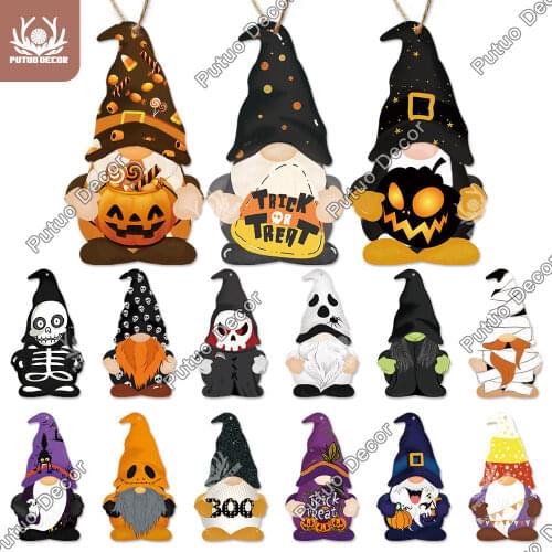 Putuo Decor Halloween Sign Gnome Shaped Pumpkin Wooden Plaque Trick or Treat Hanging Sign Home Living Room Wall Decoration Gift