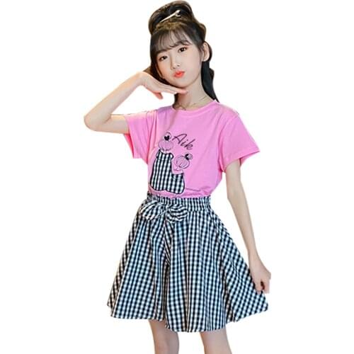 Children Clothes Plaid Tshirt + Skirt Costume For Girls Big Bow Girl Set Casual Style Kids Summer Clothing 6 8 10 12 14