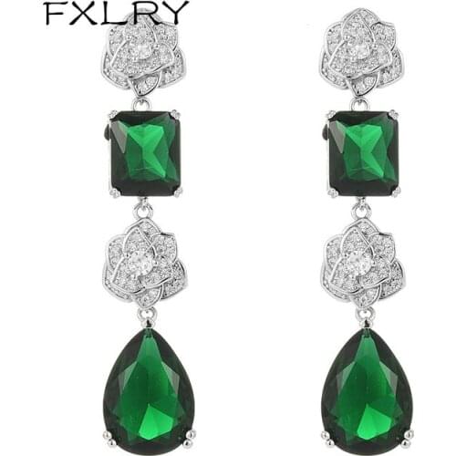 FXLRY Elegant Fashion Clear Zircon Flower With Green Dangle Earring for Women Bridal Wedding Jewelry