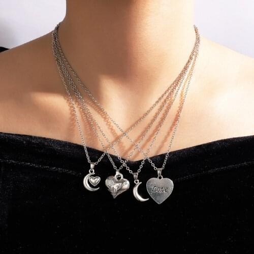 HuangTang 4pcs/sets Vintage Moon Heart Pendant Necklace for Women Boho Silver Color Crescent Love Clavicle Chain Weddings Gift