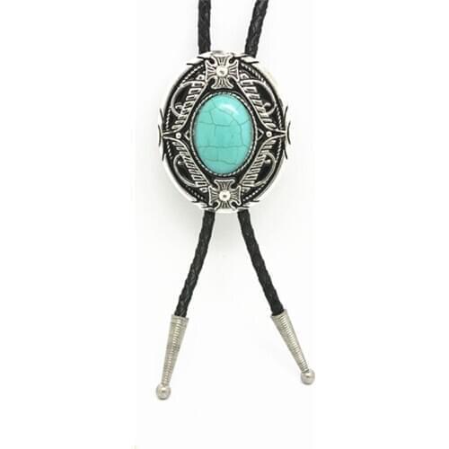 Western Fashion Leather Rope Cross Alloy Bolo Ties for Men Women Shirt Neckwear with Turquoise Flower Feather Pendants Jewelry